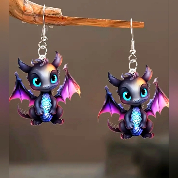 Other - 🧙 👻Charming Purple and Blue Whimsical Fantasy Baby Dragon Earrings HALLOWEEN